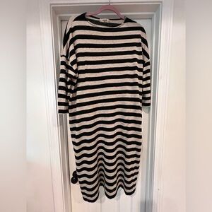 Ichi Antiquities Black and Cream Striped Linen T-Shirt Dress